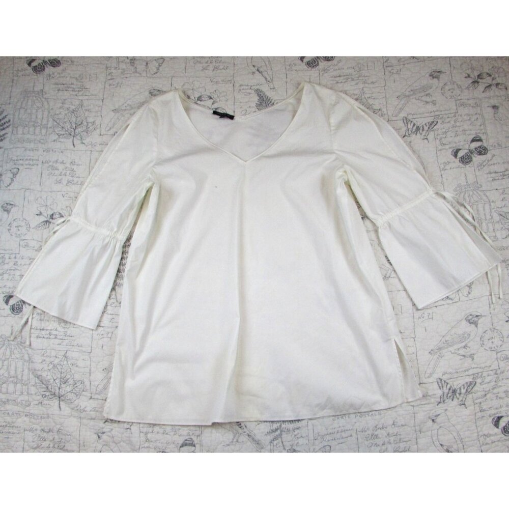 Lafayette 148 Womens stretch cotton White V Neck Tunic Top Bell Slv Tie L - Picture 1 of 5